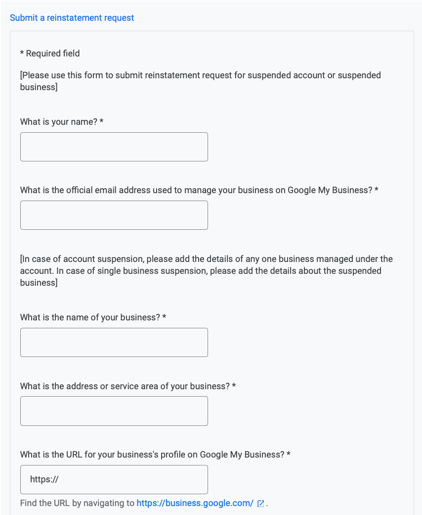 Google My Business Reinstatement Form
