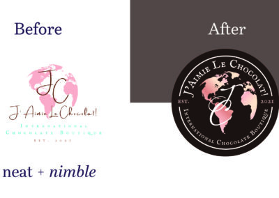 J'Aimie Le Chocolat logo before and after