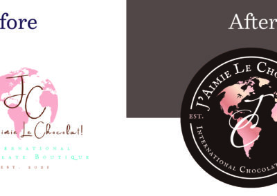 J'Aimie Le Chocolat logo before and after