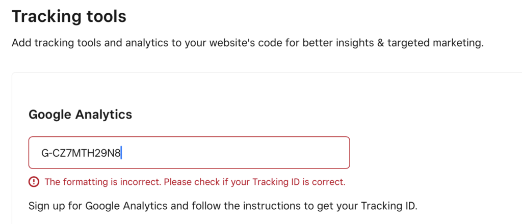 Google Analytics tracking code error in SquareUp tracking settings as of August 2022.