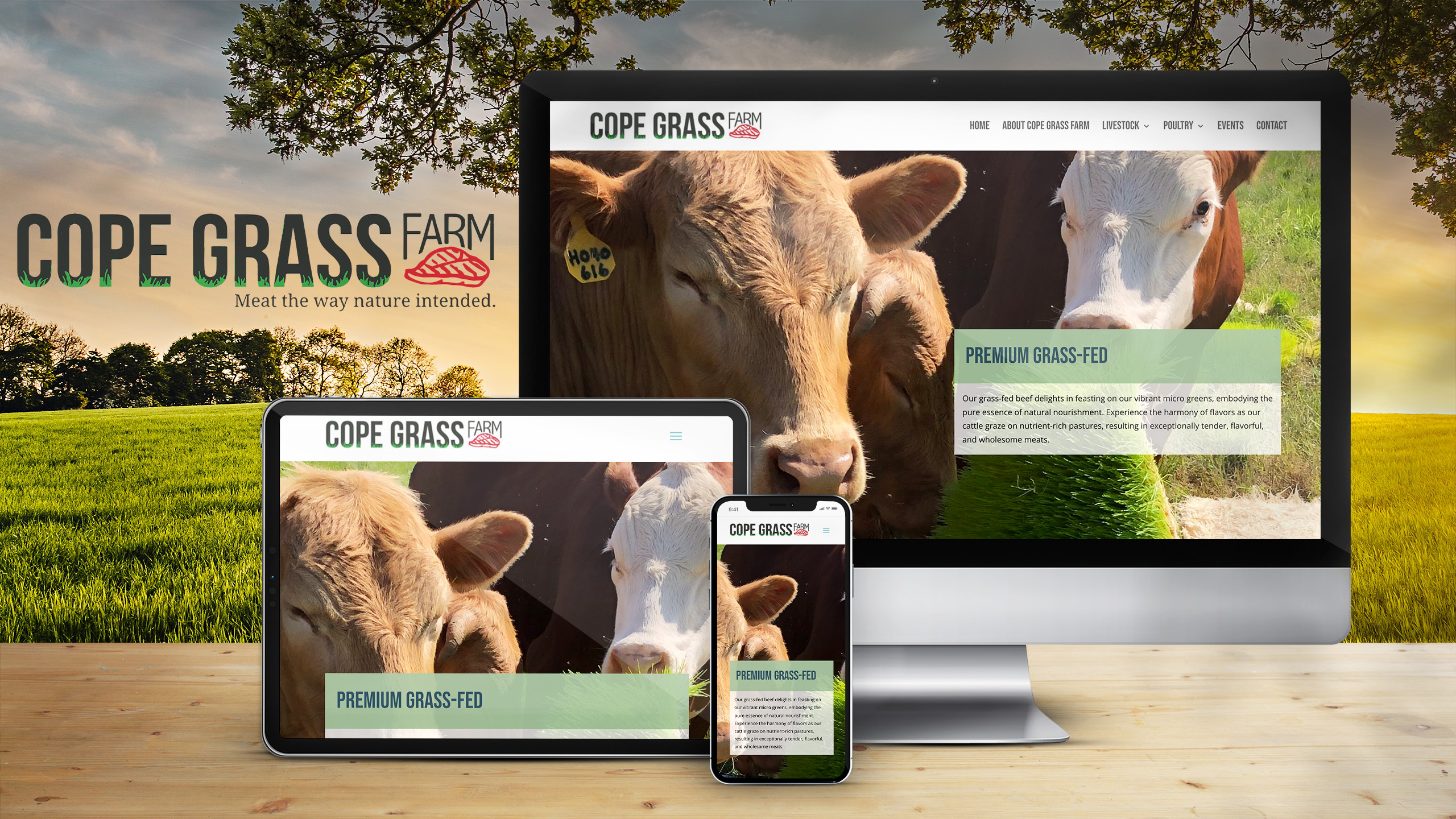 A portfolio image mocking up the Cope Grass Farm website on a desktop, tablet, and mobile phone is shown. The farm's logo is shown top left. The background is a landscape with a sunrise or sunset and a few trees blurred behind the digital devices. 