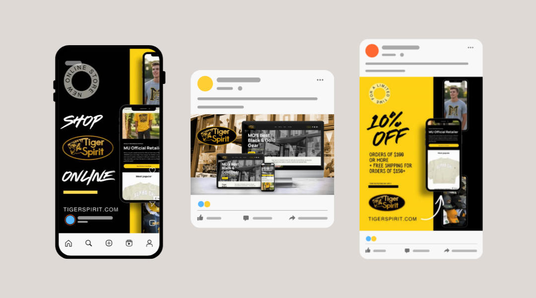 Mockup image showing three different social media graphics provided to Tiger Spirit to support their ecommerce store launch campaign.