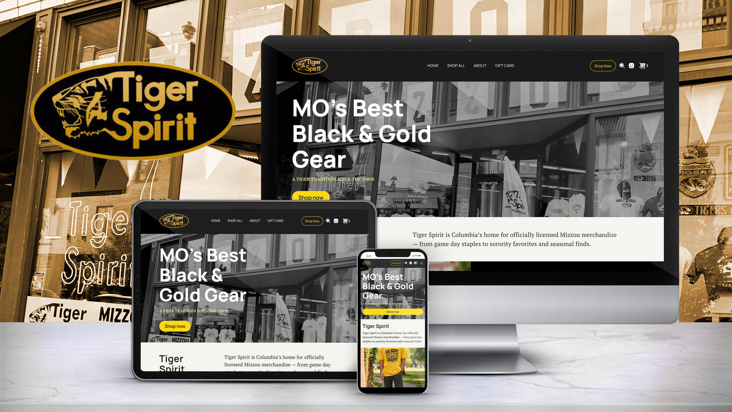 TigerSpirit ecommerce website development mockup displayed on desktop, tablet, and mobile devices showing homepage.