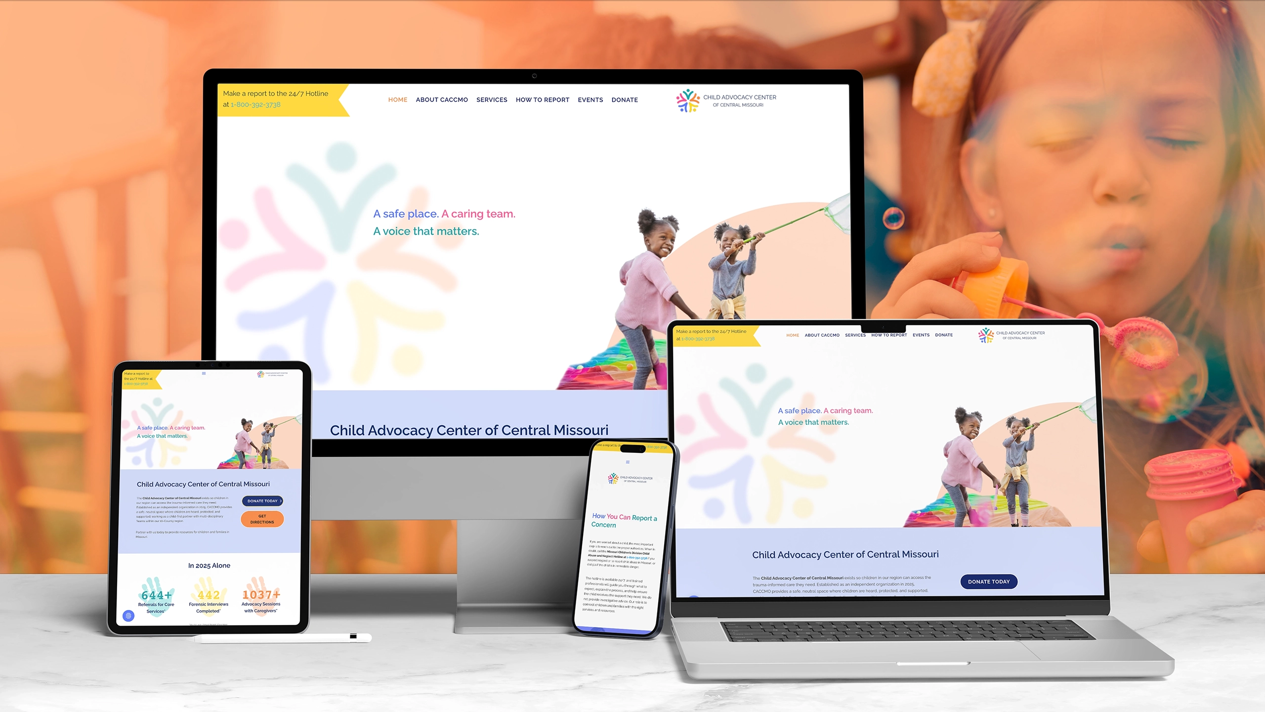 A website mockup shows the new CACCMO.org nonprofit website design and development on a variety of devices.