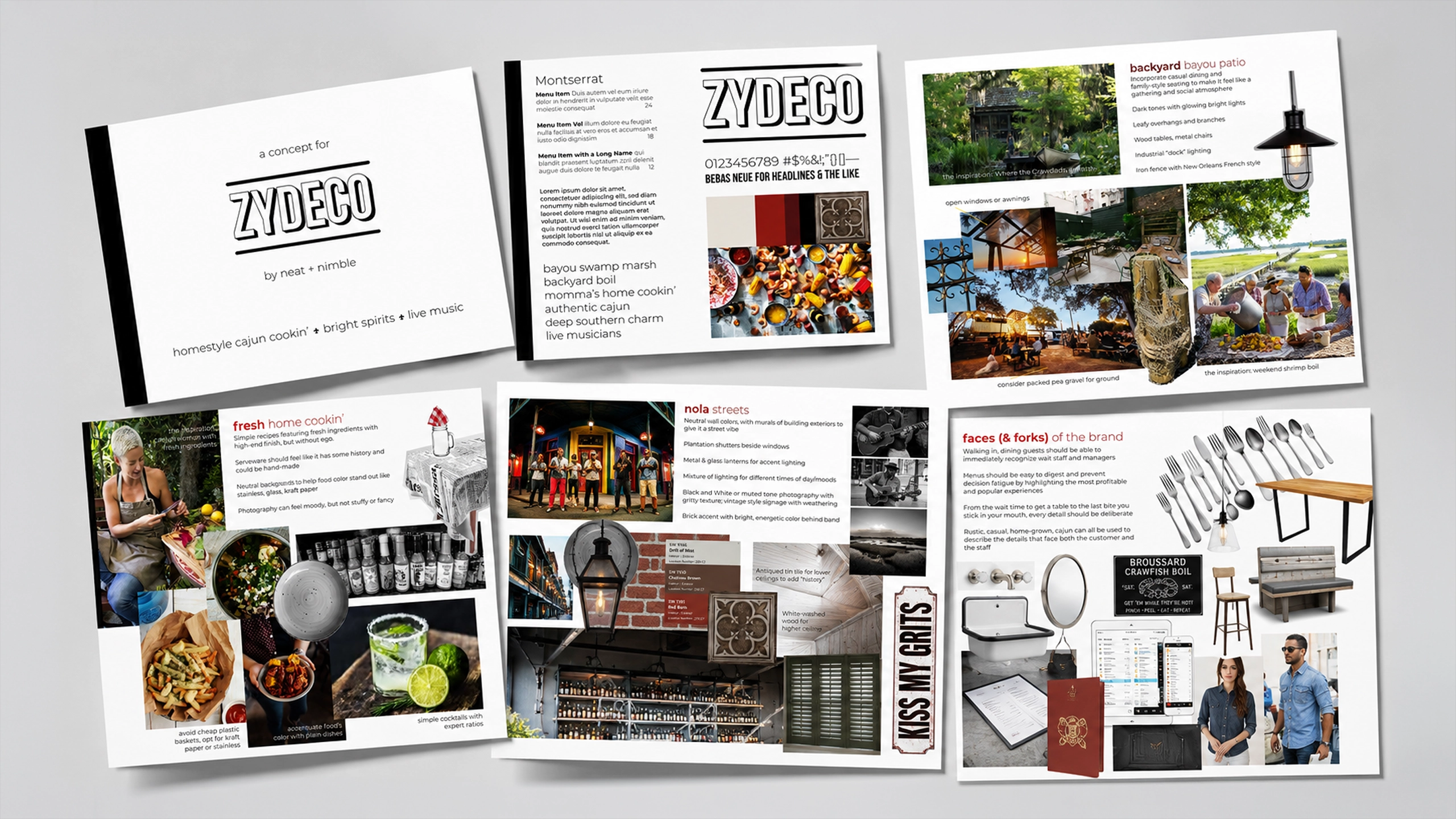Restaurant branding concept mockup for Zydeco's Midwest Cajun concept, featuring six presentation pages with typography, color palette, food photography direction, patio inspiration, New Orleans street-style interiors, and guest experience details.