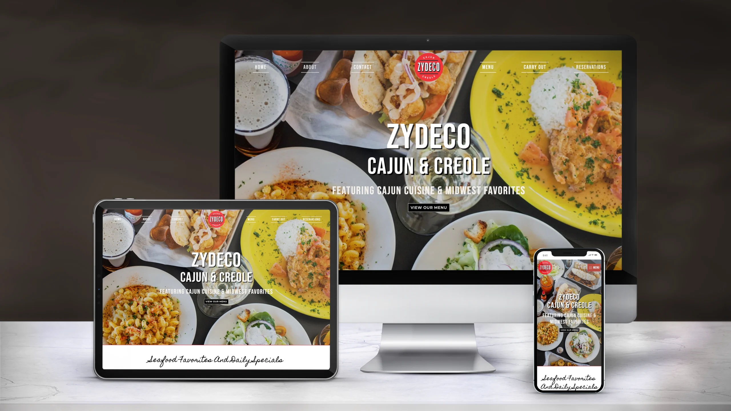 Responsive website mockup for Zydeco Cajun & Creole showing the restaurant homepage displayed on desktop, tablet, and mobile screens with colorful Cajun food photography and bold white headline text.