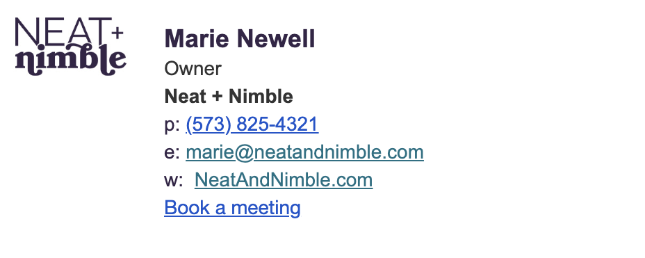 Marie's Neat and Nimble email signature as an example of a balanced email signature